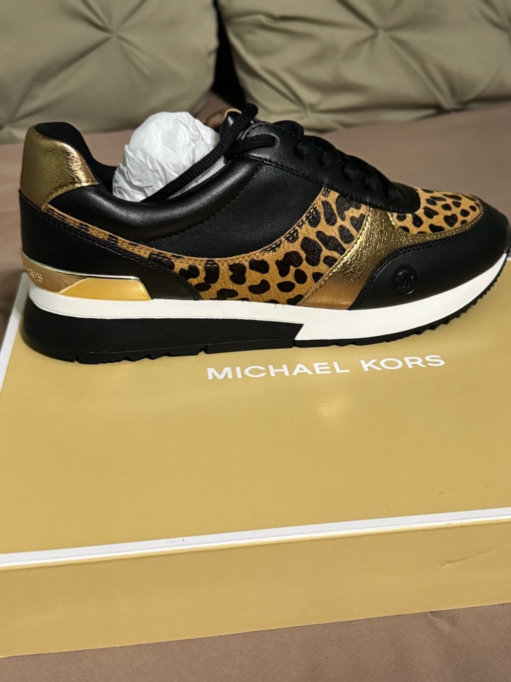 *Sale* Michael Kors Black, Gold & Leopard Print Calf Hair Sneaker